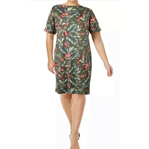 Karen Scott Avocado Green Knee Length Fall Floral Office Casual T-Shirt Dress - Picture 1 of 7